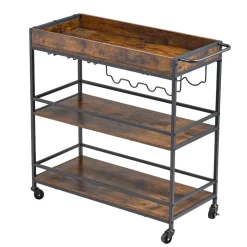 VEVOR Bar Cart, 3 Tiers Home Kitchen Serving Carts, Industrial Rolling Utility Station on Wheel, Mobile Drink Beverage Shelf with Wine Rack & Glass Holder, 34.64x14.17x32.68 in, Rustic Brown and Black