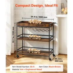 VEVOR Bar Cart, 3 Tiers Home Kitchen Serving Carts, Industrial Rolling Utility Station on Wheel, Mobile Drink Beverage Shelf with Wine Rack & Glass Holder, 34.64x14.17x32.68 in, Rustic Brown and Black