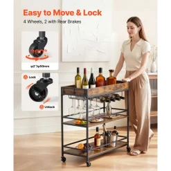 VEVOR Bar Cart, 3 Tiers Home Kitchen Serving Carts, Industrial Rolling Utility Station on Wheel, Mobile Drink Beverage Shelf with Wine Rack & Glass Holder, 34.64x14.17x32.68 in, Rustic Brown and Black
