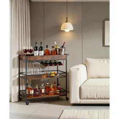 VEVOR Bar Cart, 3 Tiers Home Kitchen Serving Carts, Industrial Rolling Utility Station on Wheel, Mobile Drink Beverage Shelf with Wine Rack & Glass Holder, 34.64x14.17x32.68 in, Rustic Brown and Black