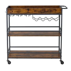 VEVOR Bar Cart, 3 Tiers Home Kitchen Serving Carts, Industrial Rolling Utility Station on Wheel, Mobile Drink Beverage Shelf with Wine Rack & Glass Holder, 34.64x14.17x32.68 in, Rustic Brown and Black