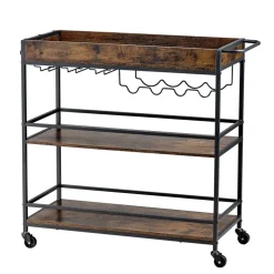 VEVOR Bar Cart, 3 Tiers Home Kitchen Serving Carts, Industrial Rolling Utility Station on Wheel, Mobile Drink Beverage Shelf with Wine Rack & Glass Holder, 34.64x14.17x32.68 in, Rustic Brown and Black