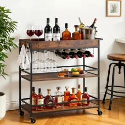 VEVOR Bar Cart, 3 Tiers Home Kitchen Serving Carts, Industrial Rolling Utility Station on Wheel, Mobile Drink Beverage Shelf with Wine Rack & Glass Holder, 34.64x14.17x32.68 in, Rustic Brown and Black