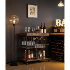 VEVOR Bar Cart, 3 Tiers Home Kitchen Serving Carts, Industrial Rolling Utility Station on Wheel, Mobile Drink Beverage Shelf with Wine Rack & Glass Holder, 34.64x14.17x32.68 in, Rustic Brown and Black