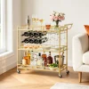 VEVOR Bar Cart, 3 Tiers Home Kitchen Serving Carts, Modern Rolling Utility Station on Wheels, Drink Beverage Trolley with Tempered Glass Shelves, Wine Rack, Glass Holder, for Living Dining Room, Gold