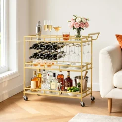 VEVOR Bar Cart, 3 Tiers Home Kitchen Serving Carts, Modern Rolling Utility Station on Wheels, Drink Beverage Trolley with Tempered Glass Shelves, Wine Rack, Glass Holder, for Living Dining Room, Gold