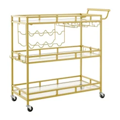 VEVOR Bar Cart, 3 Tiers Home Kitchen Serving Carts, Modern Rolling Utility Station on Wheels, Drink Beverage Trolley with Tempered Glass Shelves, Wine Rack, Glass Holder, for Living Dining Room, Gold