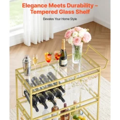 VEVOR Bar Cart, 3 Tiers Home Kitchen Serving Carts, Modern Rolling Utility Station on Wheels, Drink Beverage Trolley with Tempered Glass Shelves, Wine Rack, Glass Holder, for Living Dining Room, Gold