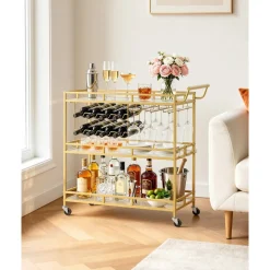 VEVOR Bar Cart, 3 Tiers Home Kitchen Serving Carts, Modern Rolling Utility Station on Wheels, Drink Beverage Trolley with Tempered Glass Shelves, Wine Rack, Glass Holder, for Living Dining Room, Gold