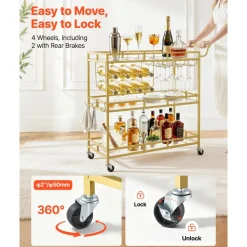 VEVOR Bar Cart, 3 Tiers Home Kitchen Serving Carts, Modern Rolling Utility Station on Wheels, Drink Beverage Trolley with Tempered Glass Shelves, Wine Rack, Glass Holder, for Living Dining Room, Gold