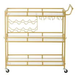 VEVOR Bar Cart, 3 Tiers Home Kitchen Serving Carts, Modern Rolling Utility Station on Wheels, Drink Beverage Trolley with Tempered Glass Shelves, Wine Rack, Glass Holder, for Living Dining Room, Gold