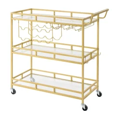 VEVOR Bar Cart, 3 Tiers Home Kitchen Serving Carts, Modern Rolling Utility Station on Wheels, Drink Beverage Trolley with Tempered Glass Shelves, Wine Rack, Glass Holder, for Living Dining Room, Gold