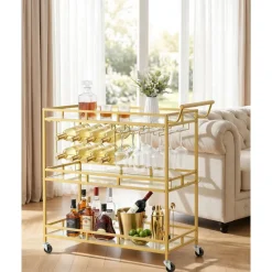 VEVOR Bar Cart, 3 Tiers Home Kitchen Serving Carts, Modern Rolling Utility Station on Wheels, Drink Beverage Trolley with Tempered Glass Shelves, Wine Rack, Glass Holder, for Living Dining Room, Gold