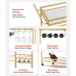 VEVOR Bar Cart, 3 Tiers Home Kitchen Serving Carts, Modern Rolling Utility Station on Wheels, Mobile Drink Beverage Trolley with Wooden Shelf, Wine Rack, and Glass Holder, 35.83x12.99x36.81 in, Gold