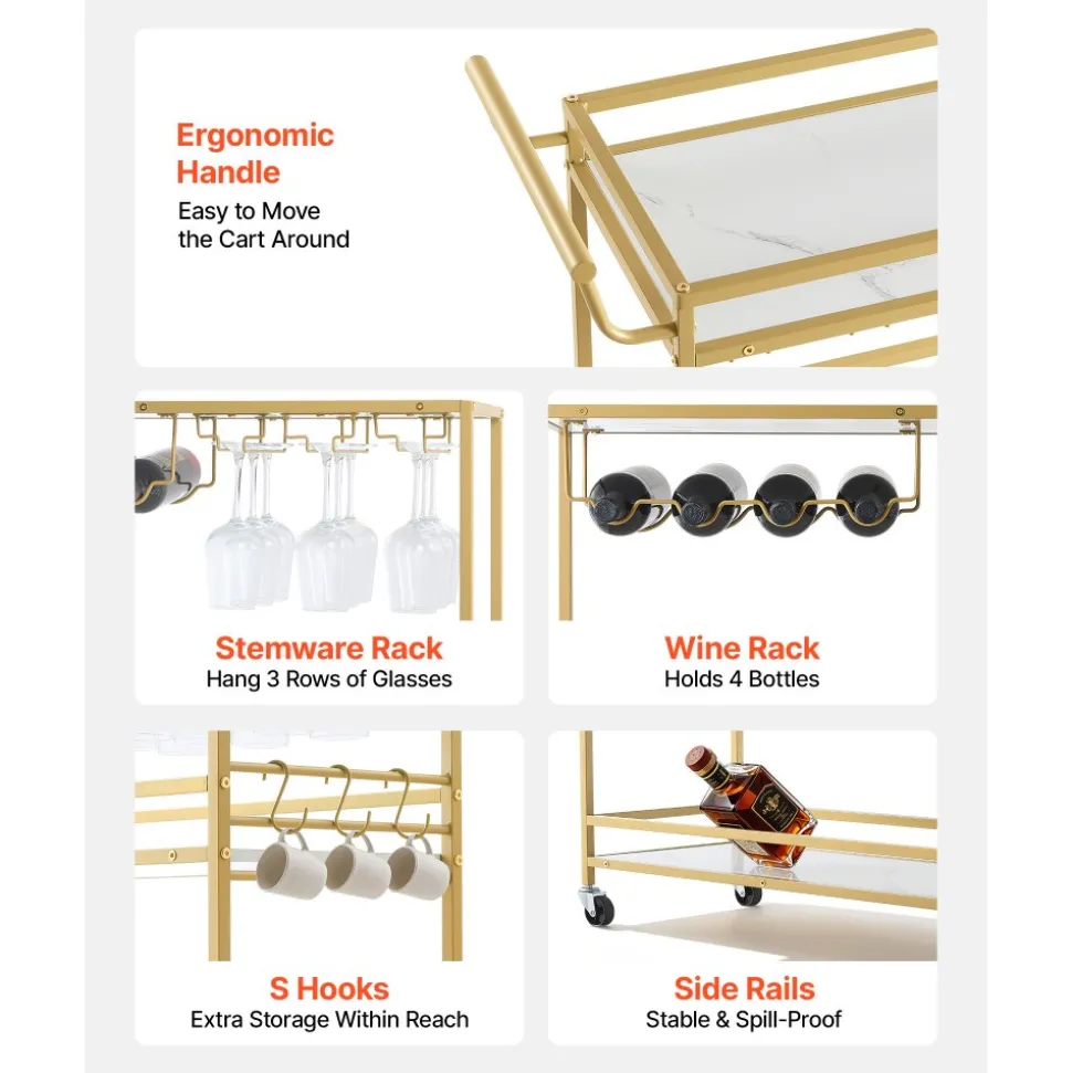 VEVOR Bar Cart, 3 Tiers Home Kitchen Serving Carts, Modern Rolling Utility Station on Wheels, Mobile Drink Beverage Trolley with Wooden Shelf, Wine Rack, and Glass Holder, 35.83x12.99x36.81 in, Gold