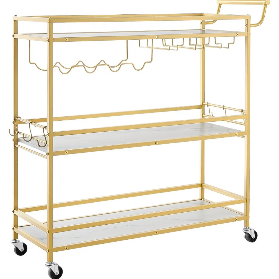 VEVOR Bar Cart, 3 Tiers Home Kitchen Serving Carts, Modern Rolling Utility Station on Wheels, Mobile Drink Beverage Trolley with Wooden Shelf, Wine Rack, and Glass Holder, 35.83x12.99x36.81 in, Gold