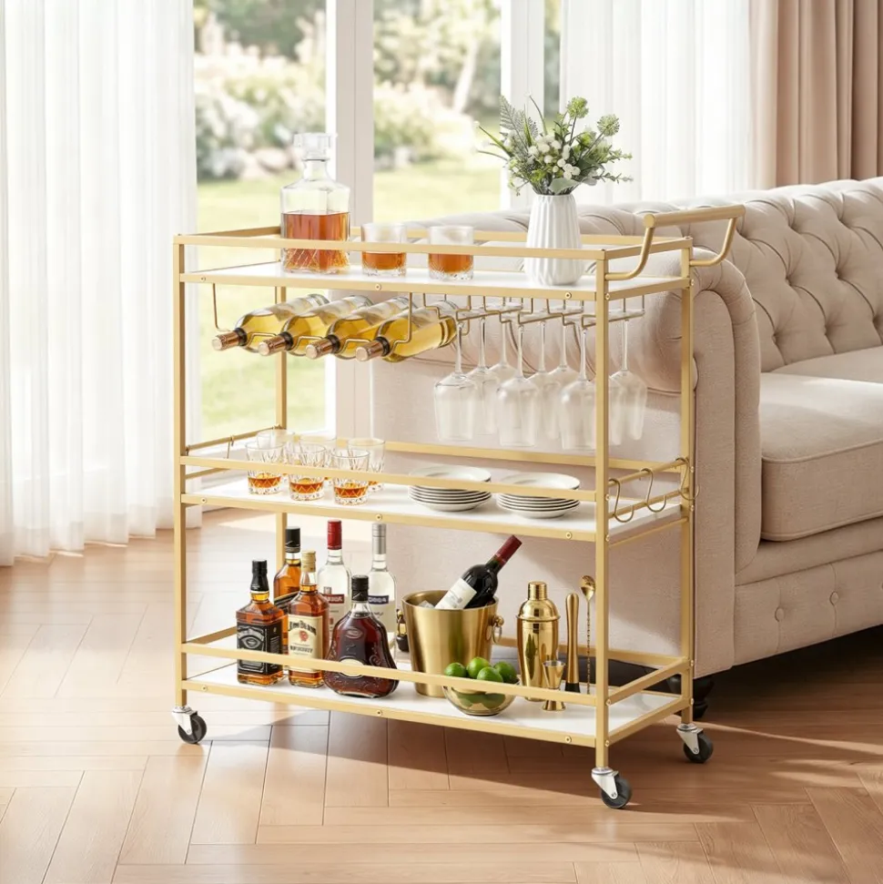VEVOR Bar Cart, 3 Tiers Home Kitchen Serving Carts, Modern Rolling Utility Station on Wheels, Mobile Drink Beverage Trolley with Wooden Shelf, Wine Rack, and Glass Holder, 35.83x12.99x36.81 in, Gold