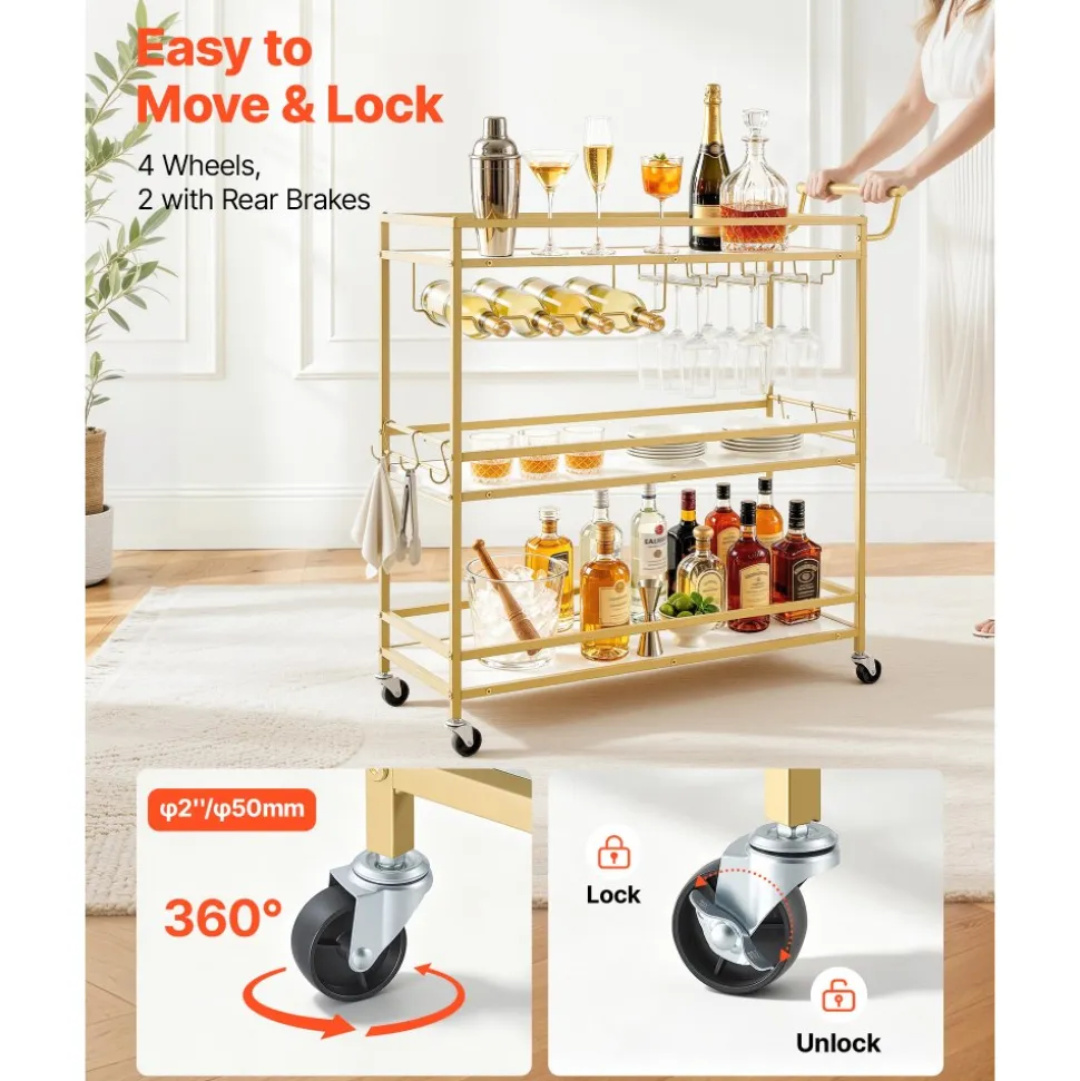 VEVOR Bar Cart, 3 Tiers Home Kitchen Serving Carts, Modern Rolling Utility Station on Wheels, Mobile Drink Beverage Trolley with Wooden Shelf, Wine Rack, and Glass Holder, 35.83x12.99x36.81 in, Gold