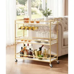 VEVOR Bar Cart, 3 Tiers Home Kitchen Serving Carts, Modern Rolling Utility Station on Wheels, Mobile Drink Beverage Trolley with Wooden Shelf, Wine Rack, and Glass Holder, 35.83x12.99x36.81 in, Gold