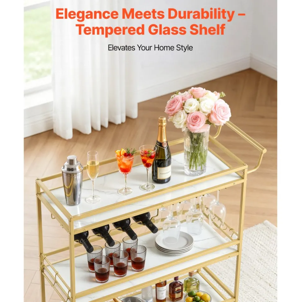 VEVOR Bar Cart, 3 Tiers Home Kitchen Serving Carts, Modern Rolling Utility Station on Wheels, Mobile Drink Beverage Trolley with Wooden Shelf, Wine Rack, and Glass Holder, 35.83x12.99x36.81 in, Gold