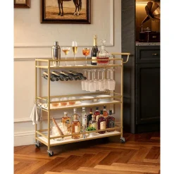 VEVOR Bar Cart, 3 Tiers Home Kitchen Serving Carts, Modern Rolling Utility Station on Wheels, Mobile Drink Beverage Trolley with Wooden Shelf, Wine Rack, and Glass Holder, 35.83x12.99x36.81 in, Gold