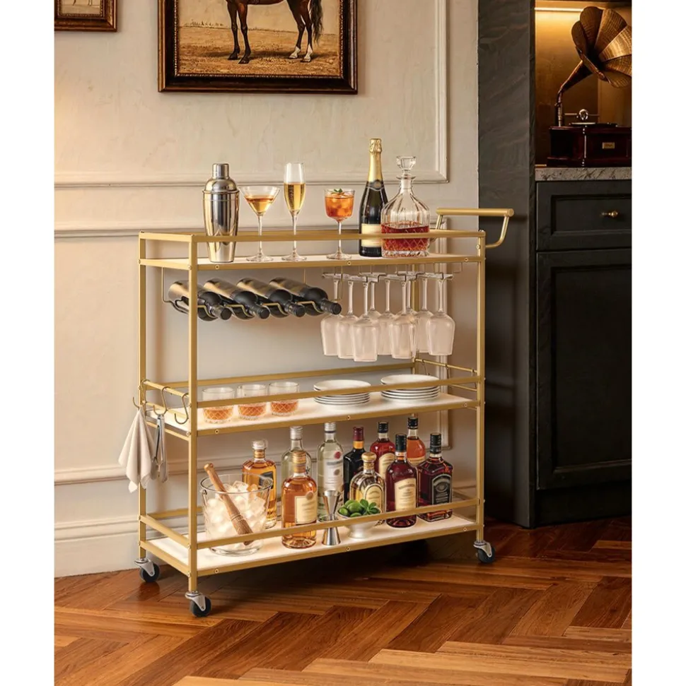 VEVOR Bar Cart, 3 Tiers Home Kitchen Serving Carts, Modern Rolling Utility Station on Wheels, Mobile Drink Beverage Trolley with Wooden Shelf, Wine Rack, and Glass Holder, 35.83x12.99x36.81 in, Gold