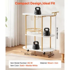 VEVOR Bar Cart, 3 Tiers Home Kitchen Serving Carts, Modern Round Rolling Utility Station on Wheels, Mobile Drink Beverage Trolley w/ Wooden Shelf, Wine Rack, Glass Holder, for Living Dining Room, Gold