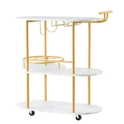 VEVOR Bar Cart, 3 Tiers Home Kitchen Serving Carts, Modern Round Rolling Utility Station on Wheels, Mobile Drink Beverage Trolley w/ Wooden Shelf, Wine Rack, Glass Holder, for Living Dining Room, Gold