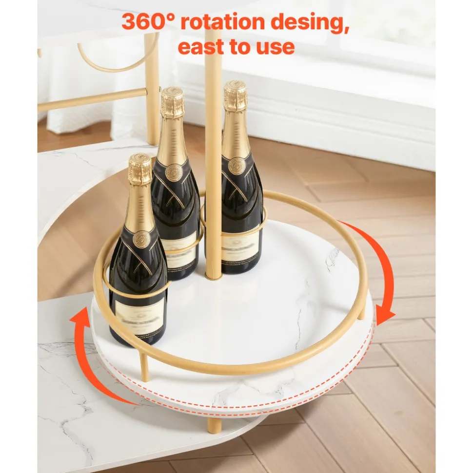 VEVOR Bar Cart, 3 Tiers Home Kitchen Serving Carts, Modern Round Rolling Utility Station on Wheels, Mobile Drink Beverage Trolley w/ Wooden Shelf, Wine Rack, Glass Holder, for Living Dining Room, Gold