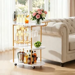 VEVOR Bar Cart, 3 Tiers Home Kitchen Serving Carts, Modern Round Rolling Utility Station on Wheels, Mobile Drink Beverage Trolley w/ Wooden Shelf, Wine Rack, Glass Holder, for Living Dining Room, Gold