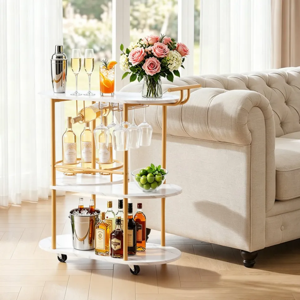 VEVOR Bar Cart, 3 Tiers Home Kitchen Serving Carts, Modern Round Rolling Utility Station on Wheels, Mobile Drink Beverage Trolley w/ Wooden Shelf, Wine Rack, Glass Holder, for Living Dining Room, Gold