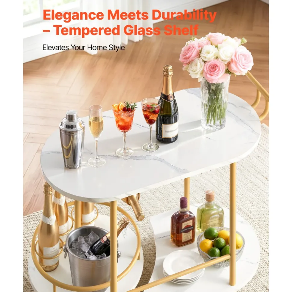 VEVOR Bar Cart, 3 Tiers Home Kitchen Serving Carts, Modern Round Rolling Utility Station on Wheels, Mobile Drink Beverage Trolley w/ Wooden Shelf, Wine Rack, Glass Holder, for Living Dining Room, Gold
