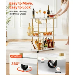 VEVOR Bar Cart, 3 Tiers Home Kitchen Serving Carts, Modern Round Rolling Utility Station on Wheels, Mobile Drink Beverage Trolley w/ Wooden Shelf, Wine Rack, Glass Holder, for Living Dining Room, Gold