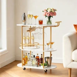 VEVOR Bar Cart, 3 Tiers Home Kitchen Serving Carts, Modern Round Rolling Utility Station on Wheels, Mobile Drink Beverage Trolley w/ Wooden Shelf, Wine Rack, Glass Holder, for Living Dining Room, Gold