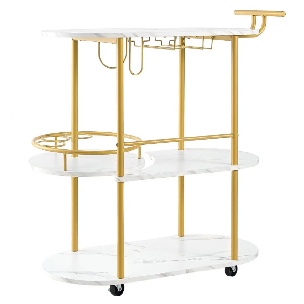 VEVOR Bar Cart, 3 Tiers Home Kitchen Serving Carts, Modern Round Rolling Utility Station on Wheels, Mobile Drink Beverage Trolley w/ Wooden Shelf, Wine Rack, Glass Holder, for Living Dining Room, Gold