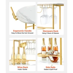 VEVOR Bar Cart, 3 Tiers Home Kitchen Serving Carts, Modern Round Rolling Utility Station on Wheels, Mobile Drink Beverage Trolley w/ Wooden Shelf, Wine Rack, Glass Holder, for Living Dining Room, Gold