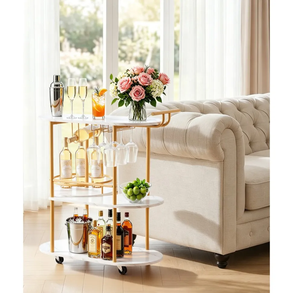 VEVOR Bar Cart, 3 Tiers Home Kitchen Serving Carts, Modern Round Rolling Utility Station on Wheels, Mobile Drink Beverage Trolley w/ Wooden Shelf, Wine Rack, Glass Holder, for Living Dining Room, Gold