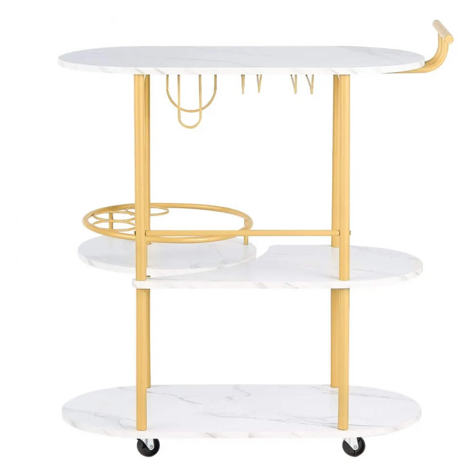 VEVOR Bar Cart, 3 Tiers Home Kitchen Serving Carts, Modern Round Rolling Utility Station on Wheels, Mobile Drink Beverage Trolley w/ Wooden Shelf, Wine Rack, Glass Holder, for Living Dining Room, Gold