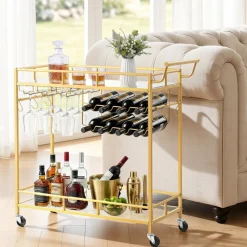 VEVOR Bar Cart, 2 Tiers Home Kitchen Serving Carts, Modern Rolling Utility Station on Wheel, Mobile Drink Beverage Trolley with Wooden & Mesh Shelf, Wine Rack, Glass Holder, 33.86x11.81x32.68 in, Gold