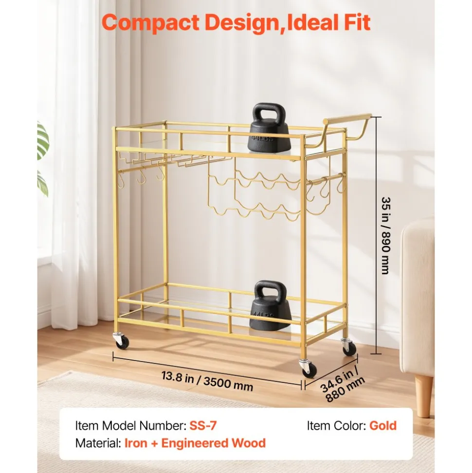 VEVOR Bar Cart, 2 Tiers Home Kitchen Serving Carts, Modern Rolling Utility Station on Wheels, Drink Beverage Trolley with Mirrored Glass Shelves, Wine Rack, Glass Holder, for Living Dining Room, Gold