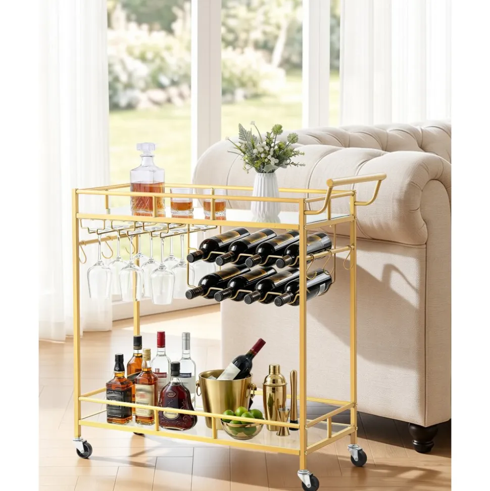 VEVOR Bar Cart, 2 Tiers Home Kitchen Serving Carts, Modern Rolling Utility Station on Wheels, Drink Beverage Trolley with Mirrored Glass Shelves, Wine Rack, Glass Holder, for Living Dining Room, Gold