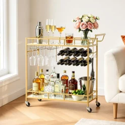 VEVOR Bar Cart, 2 Tiers Home Kitchen Serving Carts, Modern Rolling Utility Station on Wheels, Drink Beverage Trolley with Mirrored Glass Shelves, Wine Rack, Glass Holder, for Living Dining Room, Gold