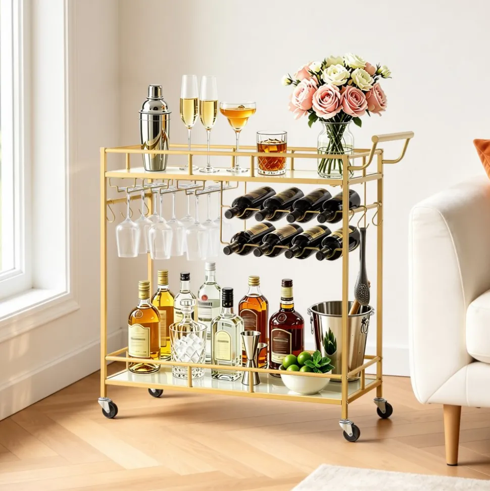 VEVOR Bar Cart, 2 Tiers Home Kitchen Serving Carts, Modern Rolling Utility Station on Wheels, Drink Beverage Trolley with Mirrored Glass Shelves, Wine Rack, Glass Holder, for Living Dining Room, Gold