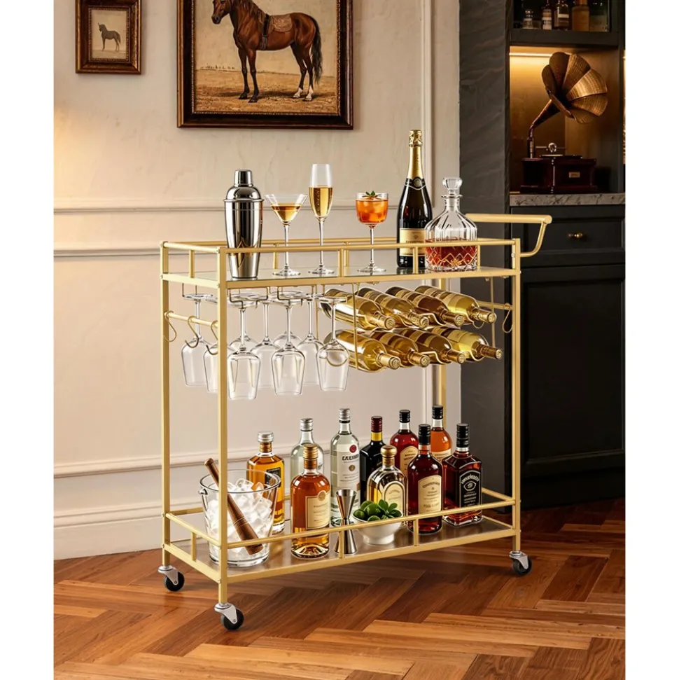 VEVOR Bar Cart, 2 Tiers Home Kitchen Serving Carts, Modern Rolling Utility Station on Wheels, Drink Beverage Trolley with Mirrored Glass Shelves, Wine Rack, Glass Holder, for Living Dining Room, Gold
