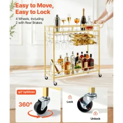 VEVOR Bar Cart, 2 Tiers Home Kitchen Serving Carts, Modern Rolling Utility Station on Wheels, Drink Beverage Trolley with Mirrored Glass Shelves, Wine Rack, Glass Holder, for Living Dining Room, Gold