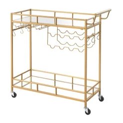 VEVOR Bar Cart, 2 Tiers Home Kitchen Serving Carts, Modern Rolling Utility Station on Wheels, Drink Beverage Trolley with Mirrored Glass Shelves, Wine Rack, Glass Holder, for Living Dining Room, Gold