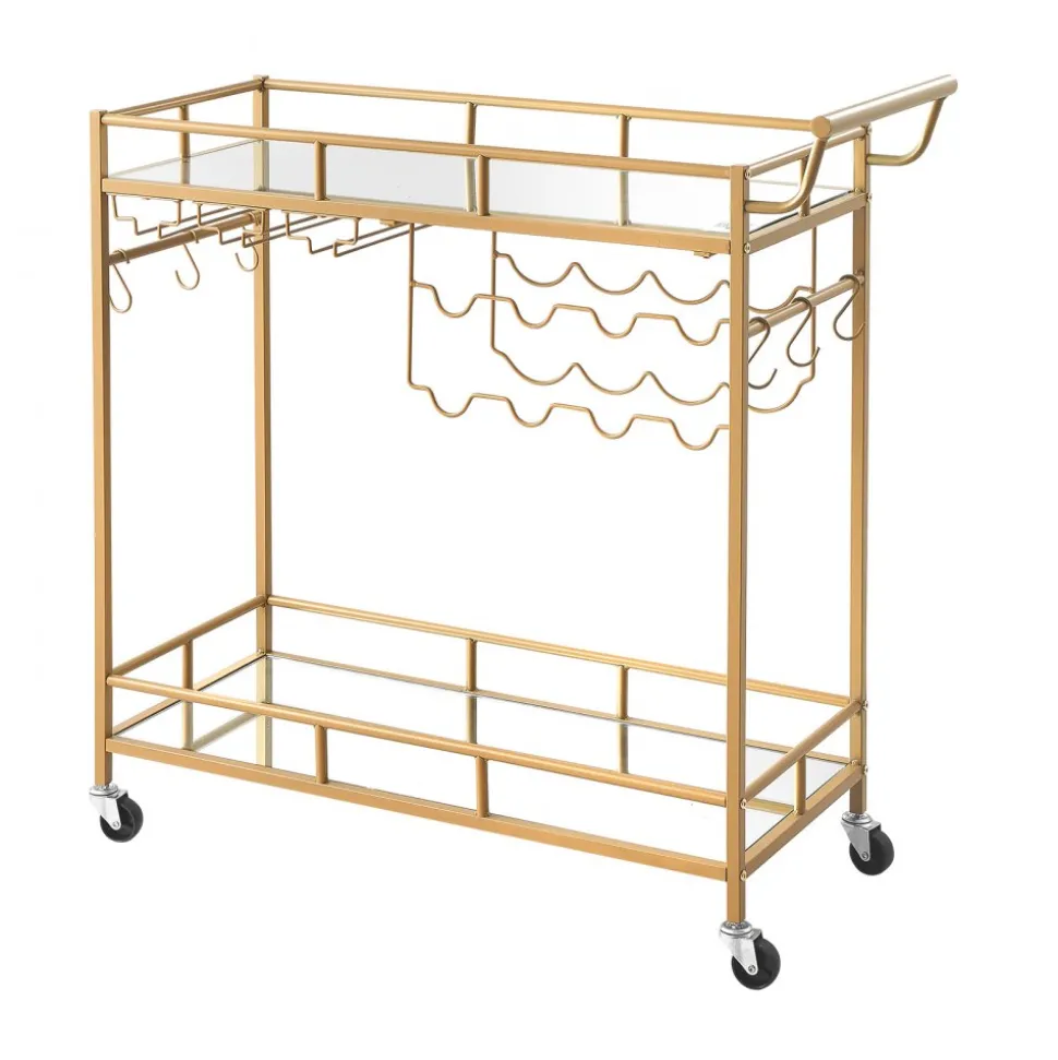 VEVOR Bar Cart, 2 Tiers Home Kitchen Serving Carts, Modern Rolling Utility Station on Wheels, Drink Beverage Trolley with Mirrored Glass Shelves, Wine Rack, Glass Holder, for Living Dining Room, Gold