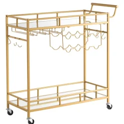 VEVOR Bar Cart, 2 Tiers Home Kitchen Serving Carts, Modern Rolling Utility Station on Wheels, Drink Beverage Trolley with Mirrored Glass Shelves, Wine Rack, Glass Holder, for Living Dining Room, Gold
