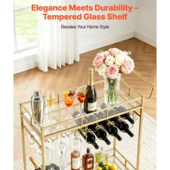VEVOR Bar Cart, 2 Tiers Home Kitchen Serving Carts, Modern Rolling Utility Station on Wheels, Drink Beverage Trolley with Mirrored Glass Shelves, Wine Rack, Glass Holder, for Living Dining Room, Gold