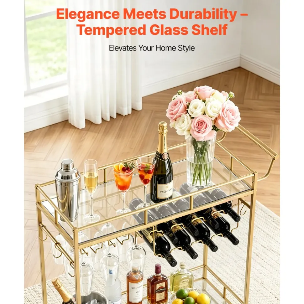 VEVOR Bar Cart, 2 Tiers Home Kitchen Serving Carts, Modern Rolling Utility Station on Wheels, Drink Beverage Trolley with Mirrored Glass Shelves, Wine Rack, Glass Holder, for Living Dining Room, Gold
